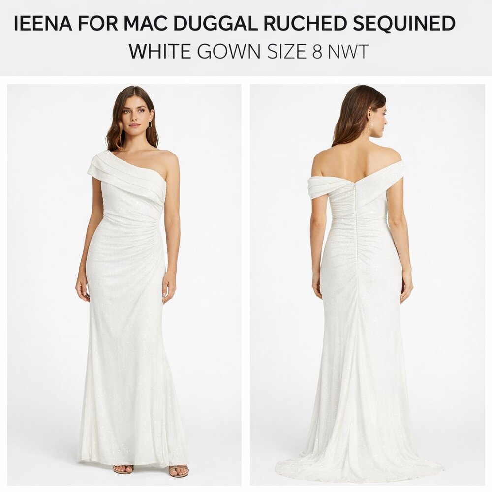 Ieena for Mac Duggal Ruched Sequined White Gown Size 8 NWT